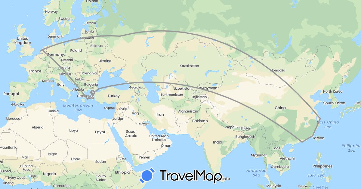 TravelMap itinerary: driving, plane, train in China, Greece, Netherlands, Russia, Turkey (Asia, Europe)