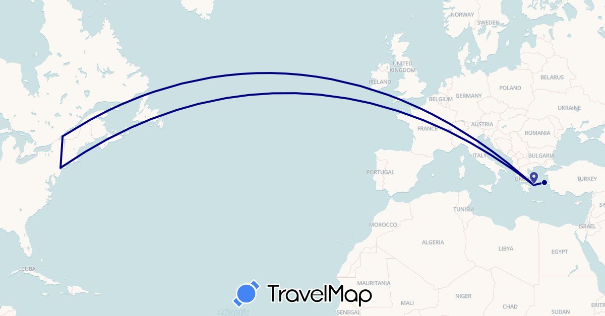 TravelMap itinerary: driving in Canada, Switzerland, Greece, United States (Europe, North America)